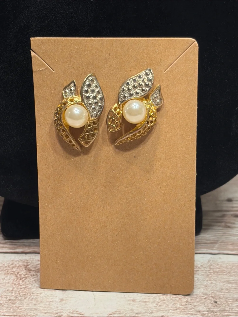 Vintage Monet Two Tone Pearl Leaf Stud Earrings